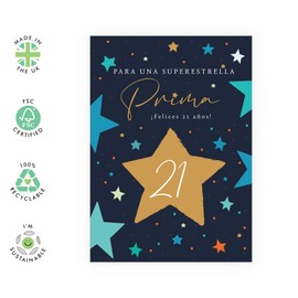 de cumpleaños número 21 de mi prima - "Prima Superestrella 21" - Regalos para ella, él, ella, parientes, amigos, damas, mujeres, familia - 21 años y estrellas - Incluye pegatinas divertidas