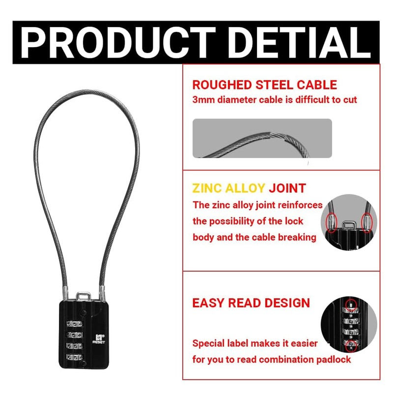 RESET-200 4 Digit Combination Padlock with 30 cm Steel Cable,High