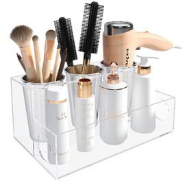PITBVO Clear Hair Tool Organizer, Blow Dryer Holder, Acrylic Bathroom Supplies Countertop and Vanity Caddy Storage for Accessories, Makeup, Toiletries