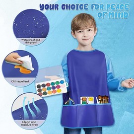 WAYAMY 2PCS Delantal Infantil Pintura Impermeable, Delantales de Arte para Niños con Mangas y 3 Bolsillos Apto Para Artes y Manualidades, Pintura, Cocina