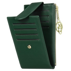 SUIKIHUM Credit Card Slim Wallet for Women and Men, PU Leather Card Holder with Keychain Ring - 14 Slots & 1 ID Window & 1 Zipper Pocket, Green