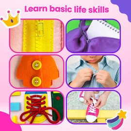 Montessori Busy Board – Toddler Preschool Learning Fun with Basic Dress Motor Skills, Alphabet Numbers, Ideal Educational Activity Developing & Travel Toys for Kids, Age 3 & Up Yrs (Pink Unicorn)