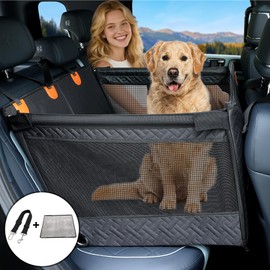 KYG Dog Car Seat Cover for Large Medium Dogs with Cushion, Back Seat Extender for Pets with 3 Mesh Windows, Waterproof Pet Carseat with Hard Bottom, Foldable Pet Car Seat for Cars/SUVs/Trucks
