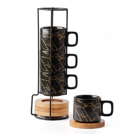 LUKA Porcelain Espresso Cup with Saucer and Metal Stand, 4 Ounce Stackable Ceramic Demitasse Espresso Mugs Cups Set for Latte,Coffee,Cafe Mocha,Tea(Set of 4)