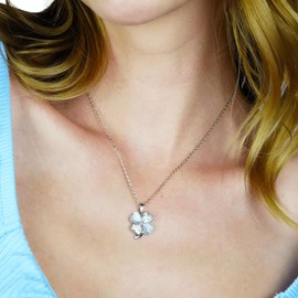 Four Leaf Crystal Flower Necklace for Women 18K Gold Plated Stainless Steel 4 Leaf Lucky White Clover Pendant Mother of Pearl Jewelry for Her (White Silver)
