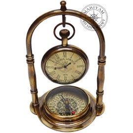 MARIYAM ART HANDICRAFT Nautical Clock Ship Table Clock Brass Desk Clock Maritime Brass Compass with Antique Victoria London Pocket Watch