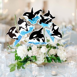 SHADOAMP Orca Birthday Party Decorations, 24pcs Orca Theme Table Centerpiece Sticks Double-sided Printing Ocean Theme Table Decorations for Under The Sea Theme Killer Whale Baby Shower Birthday Party