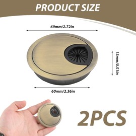 2 Pack 60mm Desk Cable Grommet Cover, One-Piece Molded Construction Cable Heavy Duty Zinc Alloy Hole Organizer with Adjustable Center Cable Hole for Office Computer Desk Worktops (Gold)