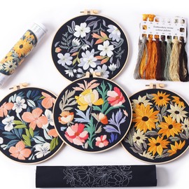 REEWISLY 4pcs of Embroidery Starter kit with Patterns and Instructions, DIY Beginner Adult Cross Stitch Kits, Including 2 Plastic Embroidery Rings, 1 Scissors, Colored Threads and Needles