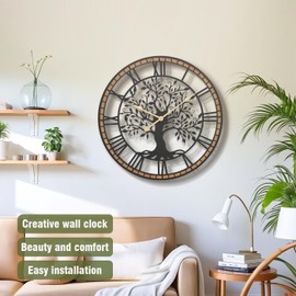 Micasso Non-Ticking Oversize Wall Clock: 32Inch Tree of Life Metal Black with Solid Wood Frame - Silent Battery Operated Clock for Living Room/Fireplace/High-Ceiling - Home Decor for Fashion-Conscious