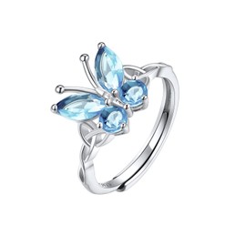 SILVERCUTE Adjustable Butterfly Aquamarine Ring Mother March Birth Stone Jewellery Sterling Silver Rings for Women