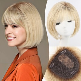 EMMOR Human Hair Toppers for Women Short Bob Real Hair Toppers with Bangs Side Part Hair Pieces for Women with Thin Hair 10" Hair Extension with Larger Base Human Wig Toppers(Ombre Light Blonde)