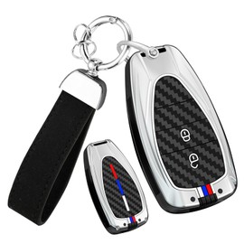 HIBEYO Key Fob Cover Compatible with Chevy Onix Equino Orlando Cruze Spark Sonic Camaro Volt Bolt Trax Malibu Blazer Traverse Accessories Alloy Carbon Fiber with Leather Keychains-2 Button Silver