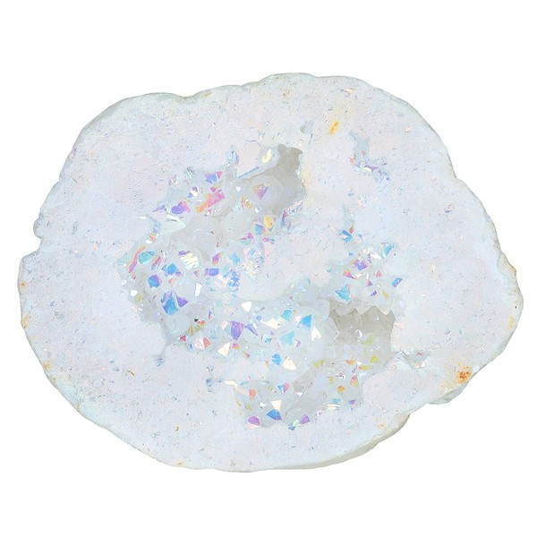 Nupuyai Angel Aura Quartz Geode Stone Titanium Plated Natural Quartz Crystal Cluster for Reiki Healing Home Decor 100-200g White