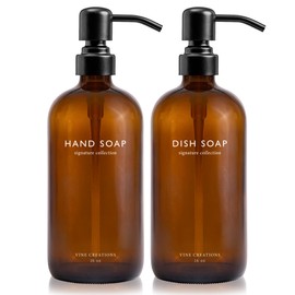 Vine Creations Amber Glass Soap Dispenser Set, Dish Soap and Hand Soap Dispenser Set with Stainless Steel Pump, 16 oz Glass Dispensers for Kitchen or Bathroom Decor (Amber Bottle/Matte Black Pump)