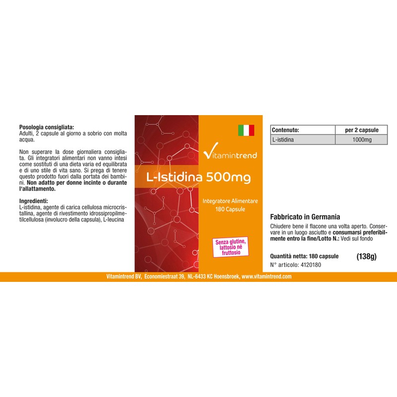 L-Histidine 500 mg - 180 Capsules - Vegan - High