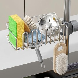 Adorila Stainless Steel Sponge Holder for Faucet Sink Removable Scouring Caddy Holder for Bathroom Kitchen Sink Organizer Fits Soap Tableware Items