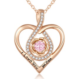 CDE I LOVE YOU MOM Rose Necklace 925 Sterling Silver, Rose Gold Flower Infinity Heart Pendant Anniversary Birthday Christmas Valentine's Day Mother's Day Birthstone Jewelry Gifts for Wife Her