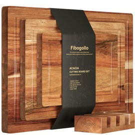 Fibogollo Acacia Wood Cutting Boards for Kitchen(Set of 3),Wooden Chopping Boards Set with Juice Groove,Serving Board with Holder,Butcher Block for Meat,Vegetables,Fruit