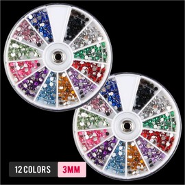 Beauties Factory 3mm Round Nail Art Flatback Rhinestones x Two Pack, 12 Mixed Colors Crystal Gems Stones for DIY Craft