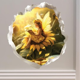 Sunflower Reading Fairy Wall Decal – 3D Fantasy Sticker with Torn Wall Illusion – 4.7W x 4.9H Inches