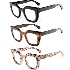 REAVEE 3 Pack Oprah Style Reading Glasses for Women Thick Frame, Blue Light Blocking Computer Stylish Cute Readers Cheaters with Spring Hinge, Black+Pink Leopard+Purple, 2.0