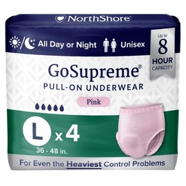NorthShore GoSupreme Overnight Pull-On Underwear, 8-Hour Leak Protection, Large, 4-Count Starter Bag, Pink, (36-48 in Waist), Unisex Adult Diapers