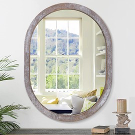 JJUUYOU Rustic Brown Oval Wall Mirror for Bathroom, Hanging Vanity Oval Mirror for Vanity Living Room Entryway Bedroom More