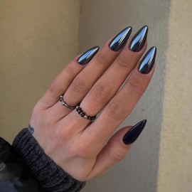Mirror Metal Black Almond Shaped Chrome Glazed Medium Almond Nails Press On Bling Shiny Plating Acrylic Reusable Fake Stiletto Glue On Nails Medium Length