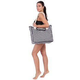 Beach Bag Large XXL Family with Magnetic Buckle, Shopper Shoulder Bag, Shopping Bag, Canvas Waterproof Bag for Beach, Beach Bag, Shoulder Bag, Swim Bag, Women, Black and White Stripes