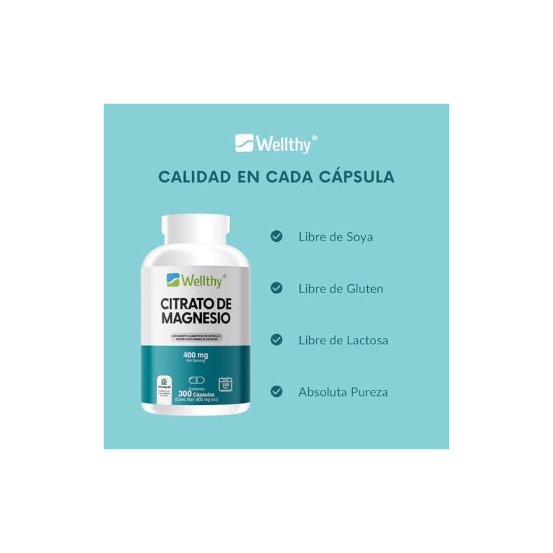 Wellthy Citrato Magnesio 300 Cápsulas 400mg 100 Natural Veganas Días