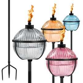 XINWXSS Citronella Torches Set of 4, Large Capacity 16 oz Outdoor Glass Torch Garden Décor，58.6 - Inch Upgraded Citronella Torches with 3-Prong Grounded Stake for Yard, Patio, Gatherin