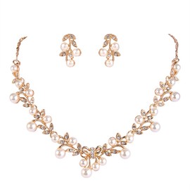 EVER FAITH Women's 1920s Vintage Costume Jewelry, Simulated Pearl Vine Leaf Bowknot Wedding Party Necklace Earrings Set Gold-Tone