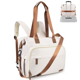 Pripher 4 in 1 Diaper Bag Backpack, Diaper Bag Backpack for Baby, Travel Diaper Bag Converts into Backpack with Shoulder Straps, Mom Bag for Hospital with 14 Pockets-3 Insulated Pockets White&Beige