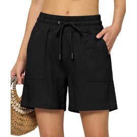 AVICHIC Linen Shorts for Women Casual Wide Leg Loose Drawstring High Waist Summer Beach Shorts 2025 Comfy 5" Black S