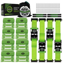 Heavy Duty Wheel Chock Tie Down Straps Set (4PK) - 4,400lb Guaranteed Max Break Strength, (2) 2" x 8' Trailer Tire Straps with (8) Wheel Chocks for ATV, UTV or Tractors