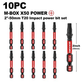 Geinxurn 10 Pieces 2 In. T20 Impact Tough Magnetic Screwdriver Bit Set, #20 Torx Head Power Bits, S2 Alloy Steel Star Bits with Storage M-Box