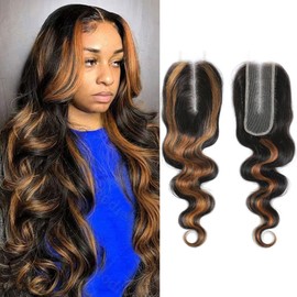 2x6 Closure Human Hair 16 Inch HD Transparent Lace 2x6 Body Wave Closure Middle Part Brazilian P1/30 Highlight Human Hair Closure With Baby Hair