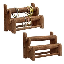 Ikee Design 2 Wooden 2-Tier Bar Bracelet/Bangle Jewelry Holder Stand Display Organizer, Wood Bracelet Bangle Holder, Brown Color, 11 3/4 W x 5 3/8 D x 8 H in