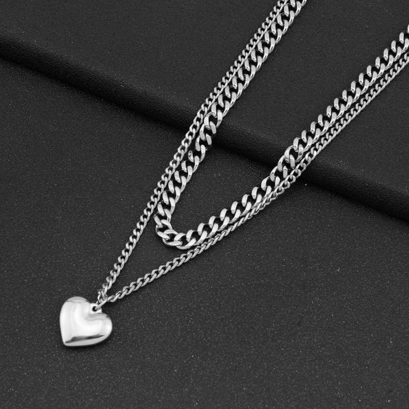 AREUM Necklace, Heart, Double Chain, High Visibility, Stainless Steel, Stackable,
