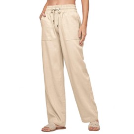 Willit Women Linen Pants Wide Leg Casual Palazzo Pants Cotton Linen Lounge Beach Summer Pants with Pockets Khaki M