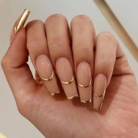 BABALAL Coffin Press on Nails Long French Tip Fake Nails Nude Glossy Glue on Nails 24Pcs Ballerina Gold Acrylic Nails with Design Stick on Nails for Women and Girls
