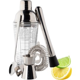 Taylor's Eye Witness Taproom 3pcs Silver Stainless-Steel & Glass Recipe Cocktail Shaker Set - Includes 400ml (14fl oz) Metal Cobbler Shaker, 25ml/40ml Double Jigger & Muddler.