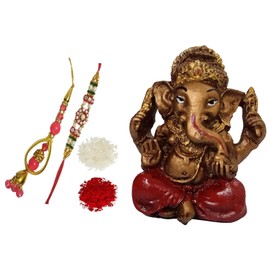 Purpledip Bhai Dooj Rakhi Hamper: Bhai Rakhi Bracelet. Bhabhi Rakhi (Lumba or Latkan), Roli Chawal Tika, Elegant Ganesha Statue For Good Luck & Blessings (rakhi91c)