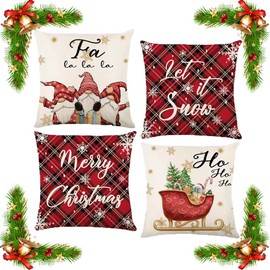 Christmas Throw Pillow Covers Set of 4, 18 x18 Inch Linen Christmas Pillows, Christmas TreesSled Snowflakes Deer, with Hidden Zipper, for Couch Courtyard Car Winter Holiday Decor Gift