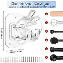 8PCS Upgraded No Drill Curtain Rod Brackets No Drilling Curtain Rod Holders Self Adhesive Curtain Rod Hooks Nail Free Adjustable Curtain Hangers Suitable for Poles of 0.78~1.57 Inch(Transparent)