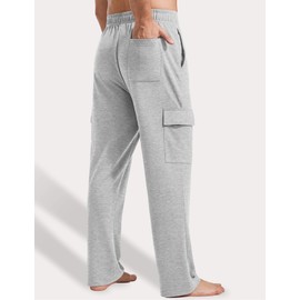 PINSPARK Cargo Sweatpants for Men Open Bottom Baggy Sweat Lounge Pants with Pockets Straight Leg for Casual Workout Yoga Light Grey