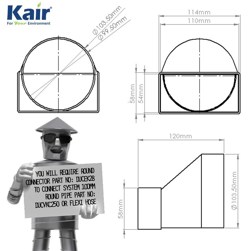 Kair Ducting Adaptor 110mm x 54mm to 100mm - 4
