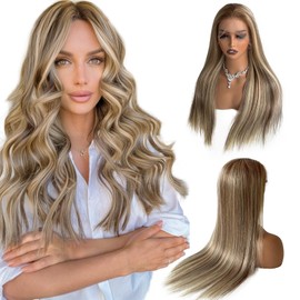 Blonde Highlight Human Hair Lace Front Wigs for Women 28 Inch Light Brown and Blond Wig Human Hair Pre Plucked 13x4 HD Lace Front Wig Brown to Blonde Balayage Ombre Long Wigs for Women 180% Density