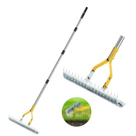Thatch Rake, 15-Inch Steel Lawn Dethatcher Rake with Handle, Heavy Duty Grass Cleaning Rake for Dead Grass and Soil Loosening, Versatile Yard and Garden Grooming Tool (Green-D)
